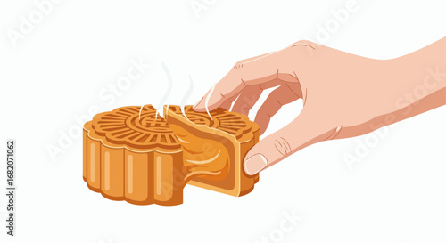 Hand splitting a warm golden mooncake with intricate pattern revealing its filling on white