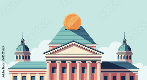 Illustration of a classical building with a large gold dollar coin on its main roof and two domed towers