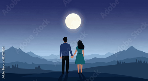 Man and woman holding hands backs to viewer looking at full moon over layered blue mountains and trees