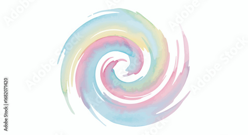 Pastel watercolor spiral graphic with blended blue pink yellow and green strokes on a white background