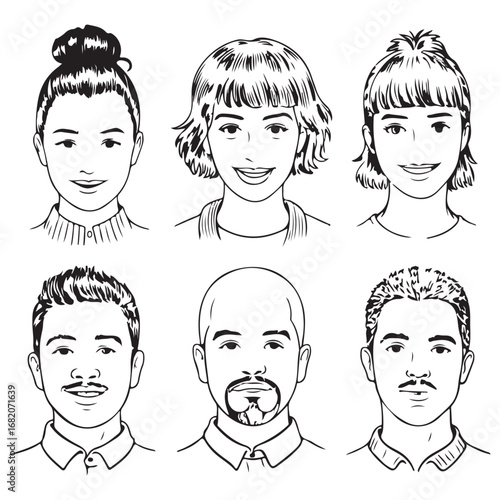 Diverse Line Art Portraits: Six Unique Headshots for Your Projects