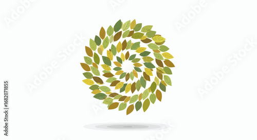Spiral arrangement of green yellow and brown leaves on a white background with a subtle shadow