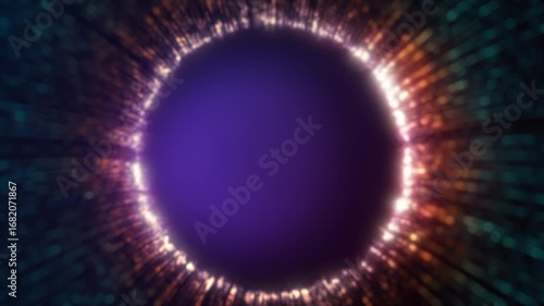 Digital Eye Fly-Through: An abstract animation of a glowing pupil and iris made of colorful energy particles.