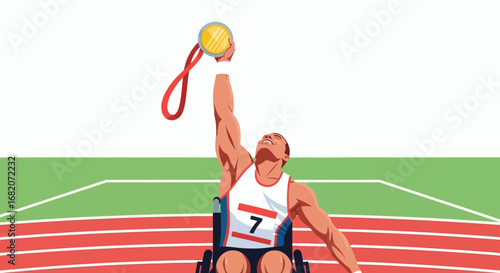 Wheelchair athlete raises gold medal on a red running track with a green infield celebrating victory