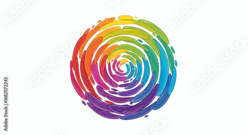 Vibrant spiral of teardrop shapes in a full rainbow spectrum against a clean white background