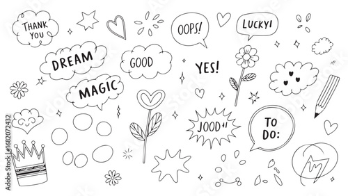 Hand-Drawn Doodle Elements: Cute Speech Bubbles, Flowers, & Crowns
