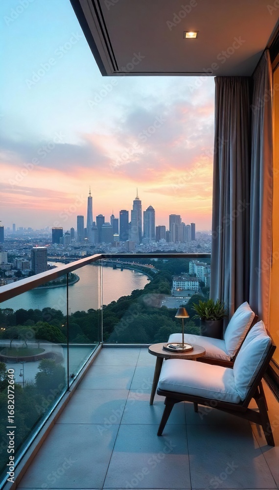 Obraz premium Luxurious cityscape holiday villa with stunning panoramic views, offering modern amenities and breathtaking city skyline vistas from private balcony , gym, city