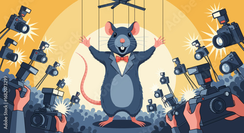 A puppet rat in a tuxedo smiling with raised arms is photographed by numerous cameras with flashing lights on a yellow stage