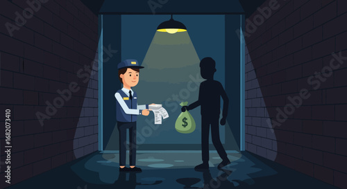 A uniformed man exchanges papers with a shadowy figure holding a money bag in a dark brickwalled alley