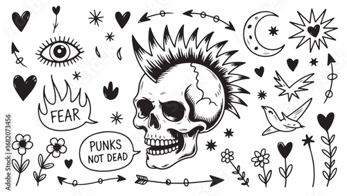Punk Rock Skull and Tattoo Flash Designs: A Collection of Hand-Drawn Graphics