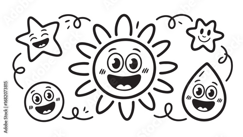 Cheerful Sun, Stars, and Raindrop: Delightful Cartoon Clipart for Kids
