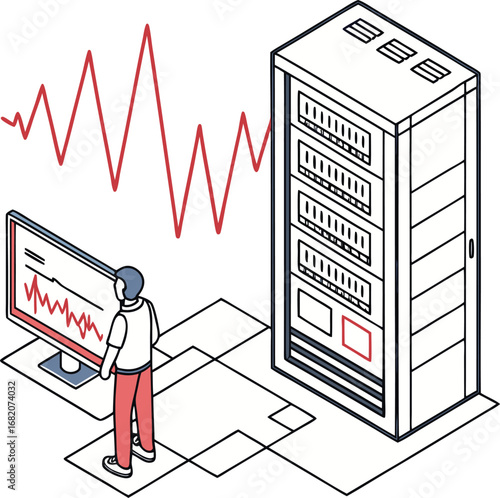 Square wave as data & UI micrographic, Isometric Style — isometric server rack with binary pulse overlay, vector asset for dashboards.