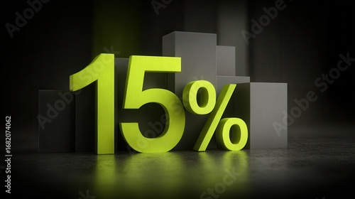 Bright Green 15 Percent Symbol on Dark Background in Creative Setting