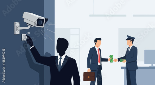 Businessman turns off security camera two men one uniformed exchange cash in a bright office area