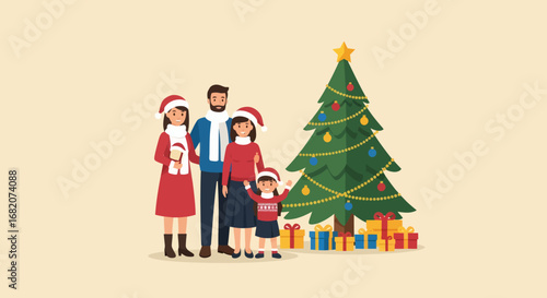 Cartoon family in festive attire stands next to a decorated Christmas tree with presents on a light background
