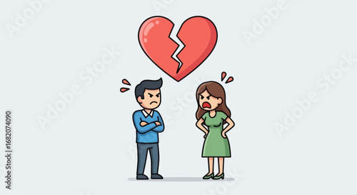 Cartoon man and woman arguing with angry expressions a broken red heart above them on a plain background