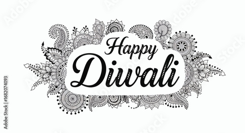 Black script Happy Diwali text on white framed by intricate monochrome mehndi floral and paisley patterns