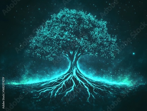 Bioluminescent Tree roots in Dark Forest: Mystical Nature Art Illustration