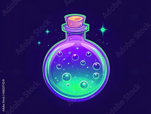 Colorful Magic Potion Illustration in Glass Container with Glowing Bubbles - Fantasy & Alchemy Vector Art