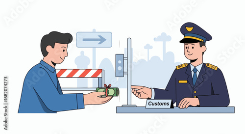 Civilian offers bundled money to a uniformed customs officer pointing at it at a border checkpoint with a barrier