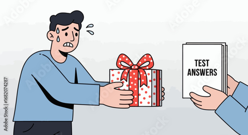 Distressed man sweating while receiving a polkadot gift box and a stack of TEST ANSWERS papers