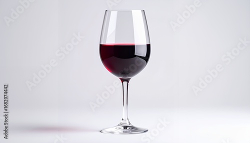 A single elegant glass of dark red wine standing isolated against a plain white studio background.