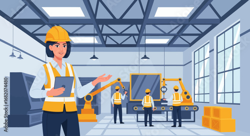 Female engineer in hard hat and safety vest holds tablet gesturing in a modern factory with robotic arms and workers