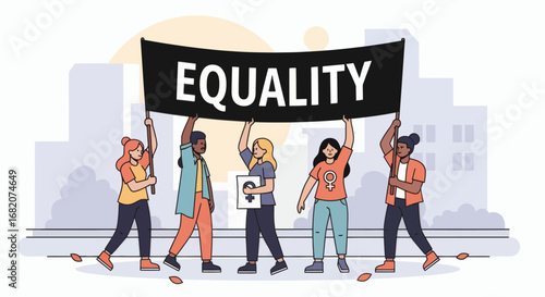 Five diverse people march outdoors holding a black EQUALITY banner and a female gender symbol sign