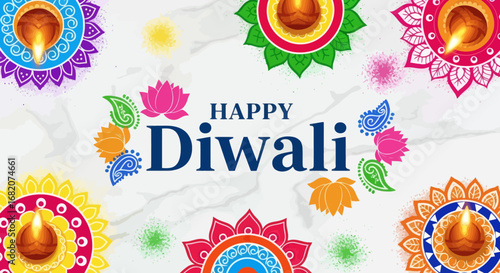 Festive illustration with HAPPY Diwali text colorful lit diyas and mandala patterns on a light background