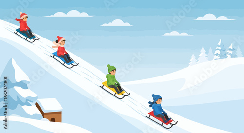 Four children sledding down a snowy mountain with winter trees and a small cabin under a cloudy sky