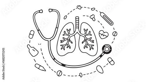 Respiratory System Illustration: Lungs, Stethoscope, Medical Icons