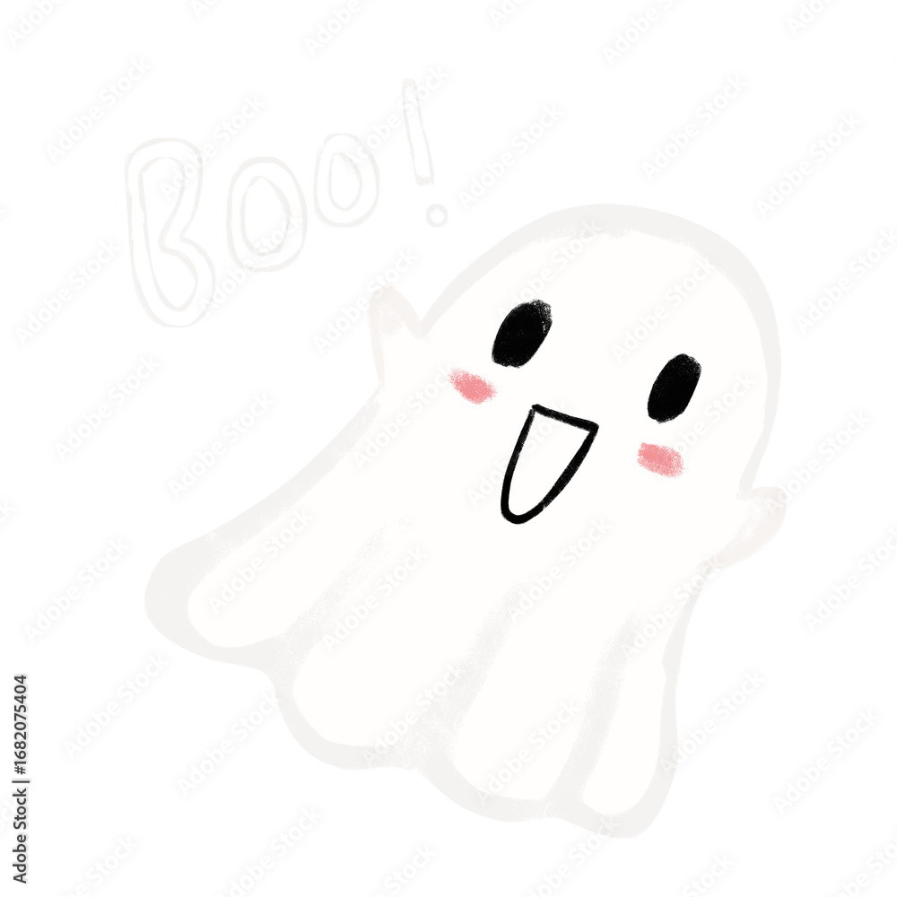Obraz premium Cute chibi kawaii happy smiling halloween spooky ghost with boo text word funny quotes emoticon emoji smiley children illustration icon clipart sticker