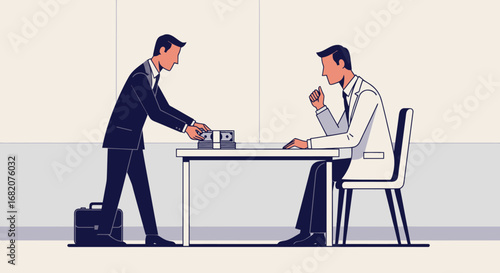 Man in suit places stacks of money on table for man in white coat sitting at desk