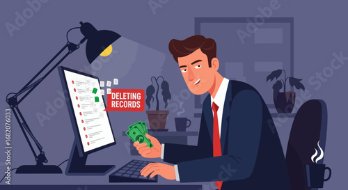 Man in suit at dimly lit desk holding money while computer screen shows DELETING RECORDS and document icons