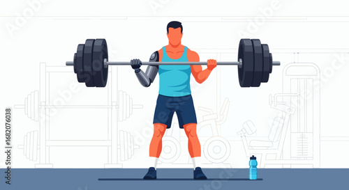 Man with a prosthetic arm weightlifting a barbell in a gym setting a water bottle is on the floor