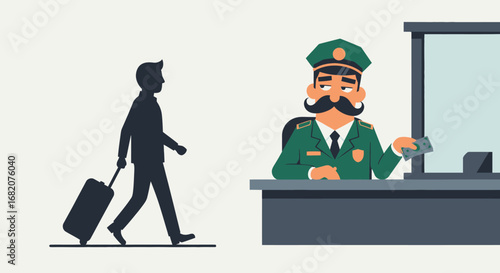 Moustachioed officer in uniform holding money at counter traveler silhouette with suitcase walks