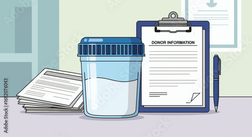 Medical office scene with a urine sample cup Donor Information clipboard pen and stacked papers on a table