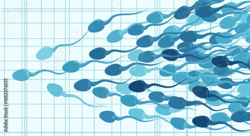 Numerous blue sperm cells with tails moving right against a light blue grid background