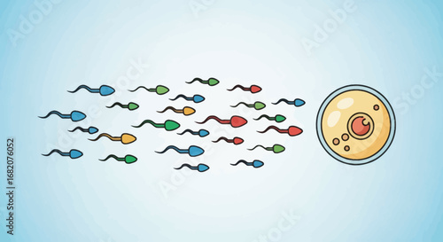 Numerous colorful sperm cells swim towards a large egg cell against a light blue gradient background