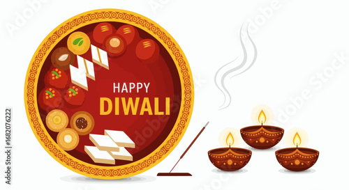 Round red tray with Indian sweets and HAPPY DIWALI text an incense stick smoke and three lit diyas