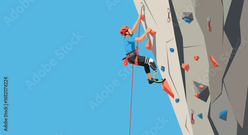 Person with a prosthetic leg rock climbing an artificial wall wearing a helmet harness and connected to a rope