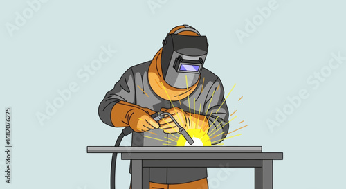 Person in welding gear with helmet and gloves welds metal on a table emitting bright sparks