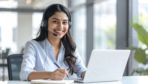Smiling woman with a headset working at a laptop, taking notes in a bright office setting. Pleasant, professional demeanor