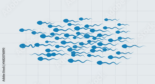 Stylized blue sperm cells with wavy tails swimming across a light grey grid background