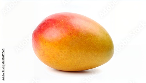 A single ripe mango with a gradient of red, orange, and yellow hues against a clean white background.