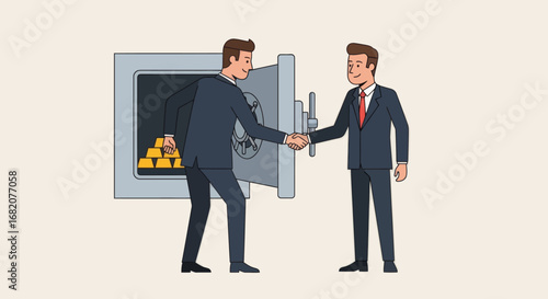 Two businessmen in suits shake hands in front of an open safe filled with gold bars