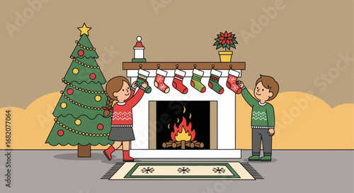Two children hang Christmas stockings on a fireplace mantel with a decorated Christmas tree and a lit fire nearby