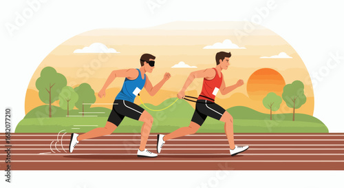 Two male runners one blindfolded and tethered to a guide sprint on a track with a sunset background