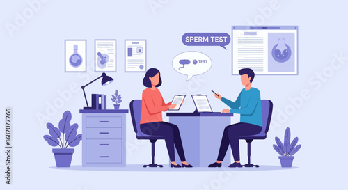 Two people in an office discuss a sperm test a woman holds a clipboard a man points at documents on a desk