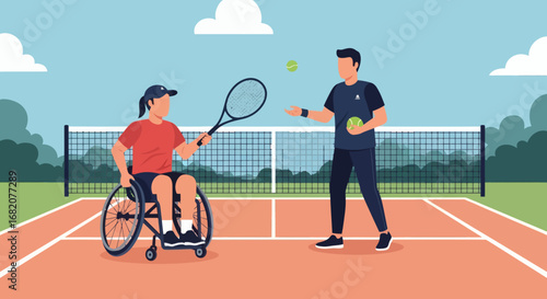 Two people on an outdoor tennis court one in a wheelchair holding a racket the other standing holding a tennis ball